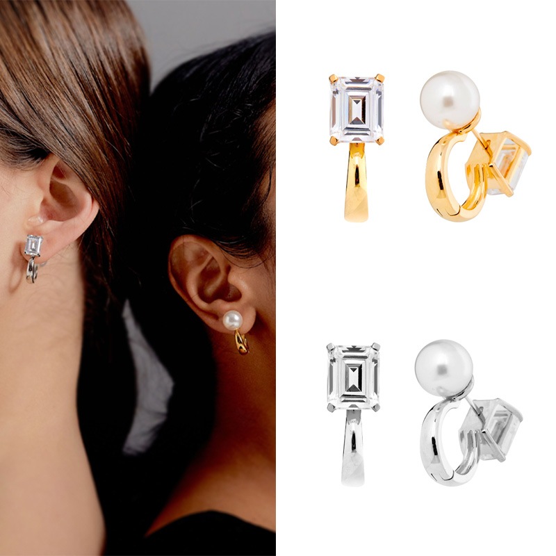 [韓国ジュエリー] クレア パール&エメラルド カット イヤリング 韓国女性アクセサリー 韓国ファッション