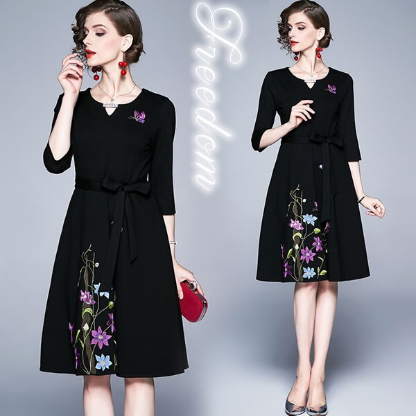 黒地に映える大人上品感花柄刺繍ドレスワンピース発表会演奏会パーティードレス同窓会ワンピド 母の日 母の日-0003015
