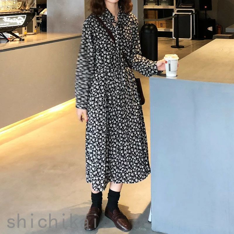 新品 入学式 上品 春秋 シンプル きれいめ 花柄 着痩せ 通勤 おしゃれ 通勤 THOM お洒落 レディース 20代30代40代 ミモレ丈ワンピース 長袖 ワンピース 卒業式 Vネック OL ホワイ