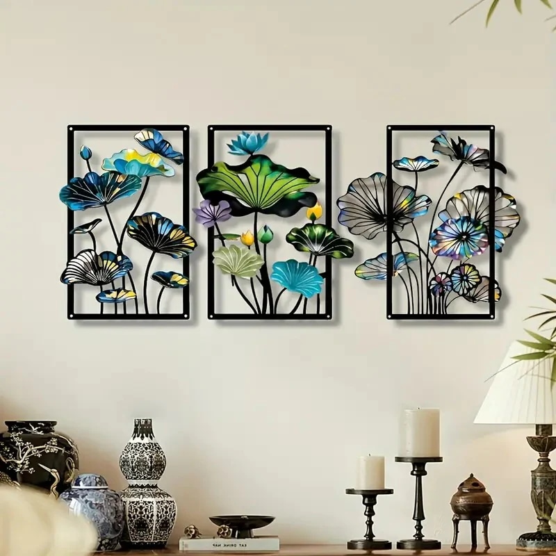 ウォールアート 3点セット カラフル 蓮 葉 メタル リビングルーム ベッドルーム バスルーム オフィス モダン シンプル お洒落 個性的 4-7