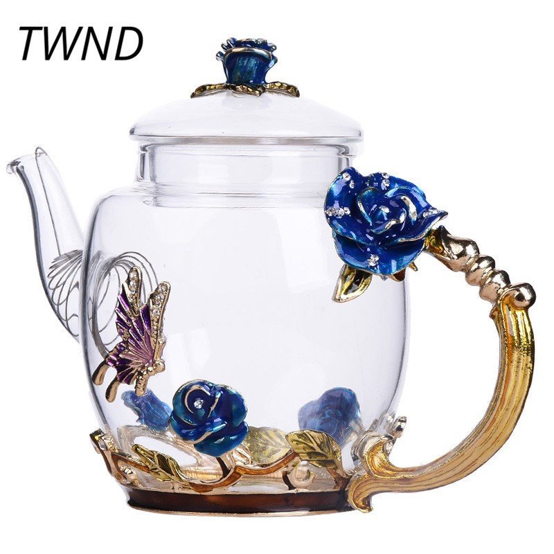 大流行のガラスティーポット ヨーロピアン アンティーク ヨーロッパ フラワー ３D やかん コーヒー お茶