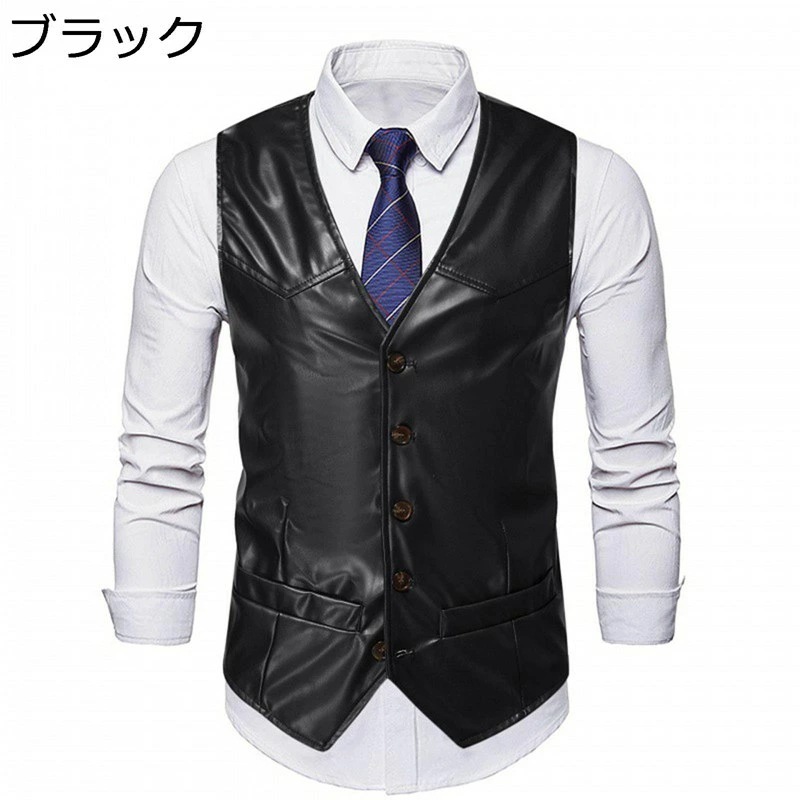 レザーベスト 革ジャン ライダースベスト バイクチョッキ vネック スーツベスト メンズ 袖なし スリム 紳士着 前開 ポケット付き 防風 細身 おしゃれ ライダース カジュアル ロック 柔らか レト