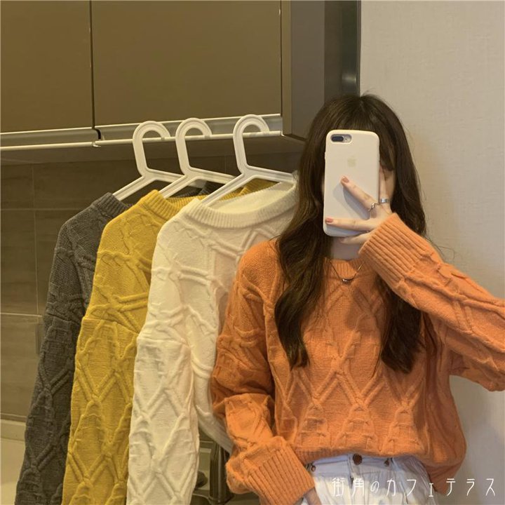 レディース トップス ニット 模様編み クロップド ざっくり カジュアル キュート ゆったり ビタミンカラー 長袖 ホワイト イエロー オレンジ グレー 白 黄色 灰色 20代 30代