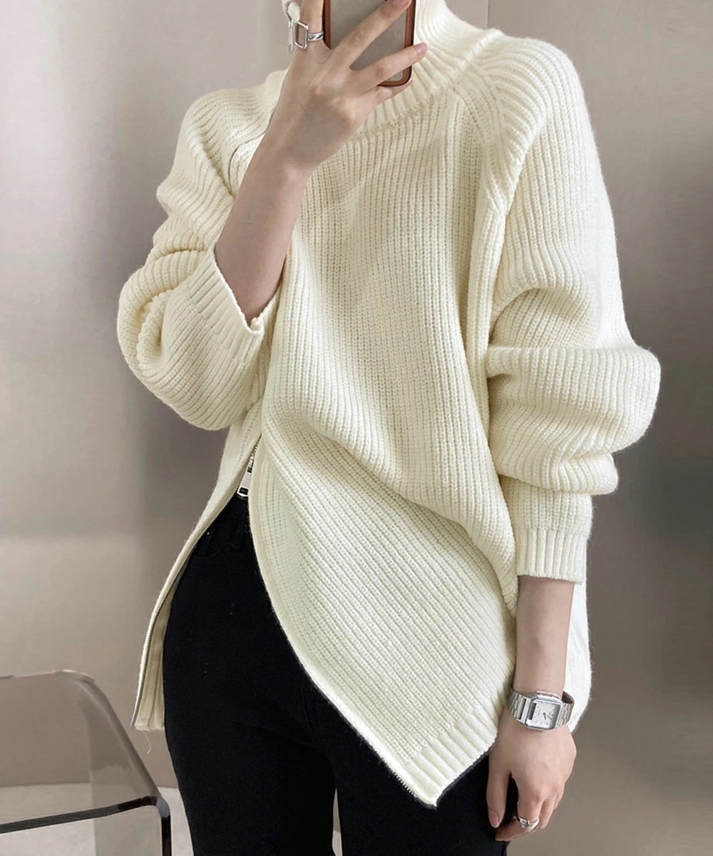 タートルネック ニットトップスレディース ハイネック ニットセーター 秋冬長袖 おしゃれ ニットソー 大人カジュアル きれいめ フロントジップ あったか 韓国上品