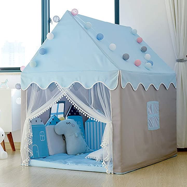キッズテント お城 子供用テント 簡易テント おもちゃ プリンセスの城型 日本語説明書付き ボールライト付き( ブルー+専用敷くマット)