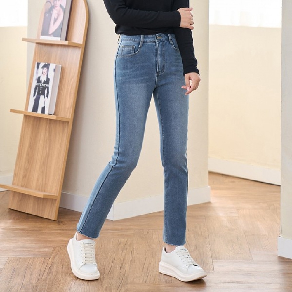 (ジンマニア) ライトブルースパンボトムカットボートスキンボンデッド起毛ストレートデニムパンツ