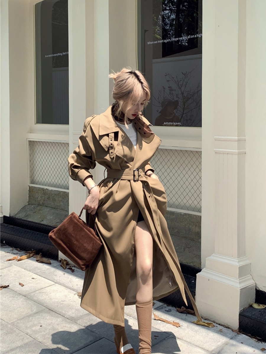 レトロ イギリス風 ラペル トレンチコート ジャケット 女性用 秋 高級感 ゆったりとした ミディアム丈 カジュアル 上品な 膝下丈 コート