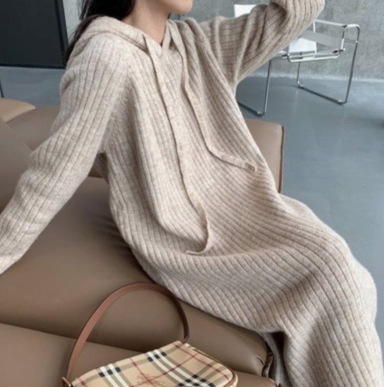 ワンピース デート ニットソー セーター フーディー ロング ロング丈 袖あり 長袖 春 秋 冬 個性的 カーキー ネイビー グレー ブラック M L こなれ感 ゆったり エレガント クール