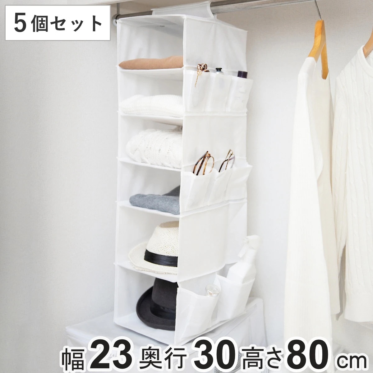 吊り下げ収納 6段 衣類 小物収納 幅23x奥行30x高さ80cm 5個セット クローゼット収納 収納 整理 吊り下げ パイプハンガー 吊るす シワ 型崩れ 防止 帽子 不織布 衣類収納