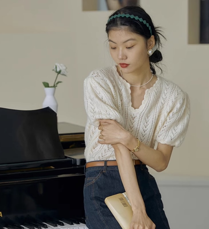 トップス デート モテアイテム カットソー ニットソー かぎ編み パフスリーブ コットン 大人可愛い きれいめ 上品 おしゃれ かっこいい 大人可愛い ラブリー キュート ガーリー クール モード系