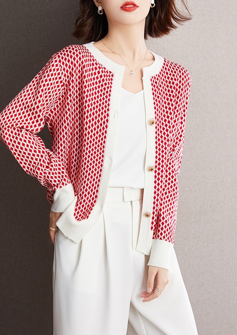 春 ラウンドネック長袖 ニット カーディガン コントラストカラー ルース コート トップ 女性 レッド M L XL XXL トップス 袖あり かわいい 大人可愛い きれいめ シンプル カジュアル