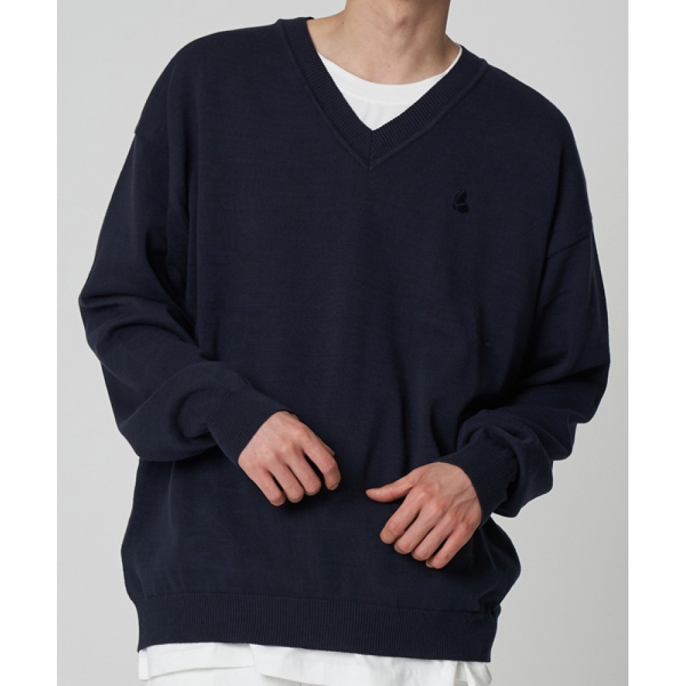 TAKEASYソフトコットンVネックルーズニット（ネイビー）