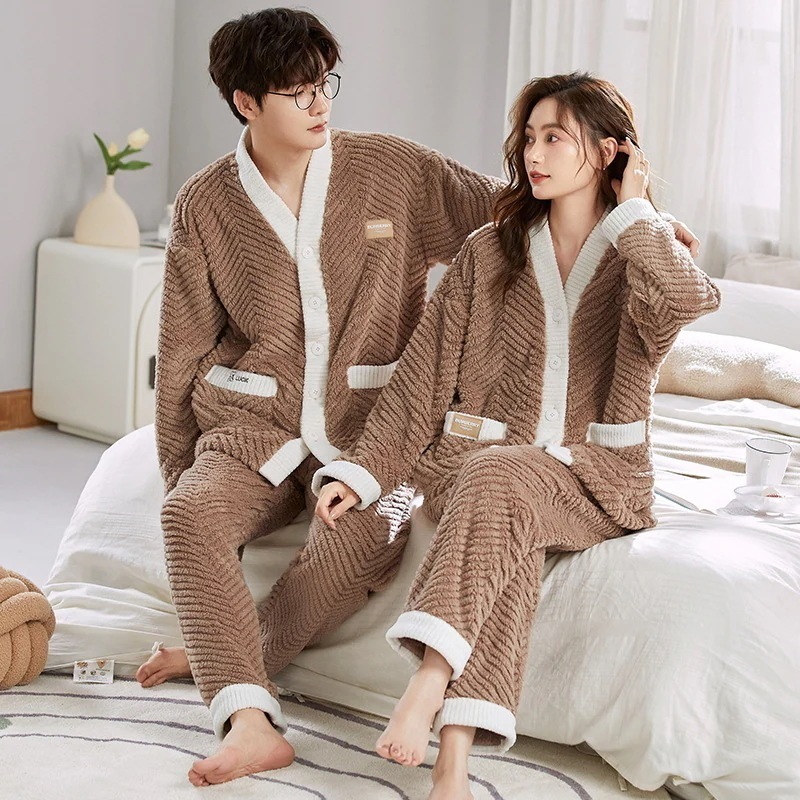 パジャマカップルペアルックルームウェアフラノフランネル冬ペアパジャマ長袖モコモコパジャマペアルックお揃いレディースメンズネグリジェレディース