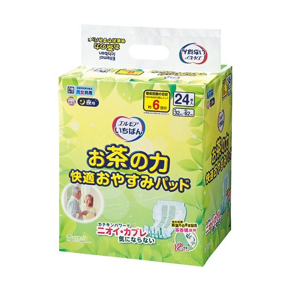 カミ商事 エルモア いちばん お茶の力快適おやすみパッド 1セット（144枚：24枚x6パック）
