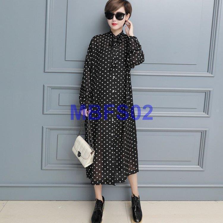 【即納】マキシワンピース レディース シャツ 長袖 ドット柄 水玉 レトロ ノーカラー フェミニン 可愛い 春秋