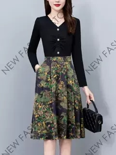 プリントワンピース女性2024年秋新作スリム長袖Vネックスカート-48