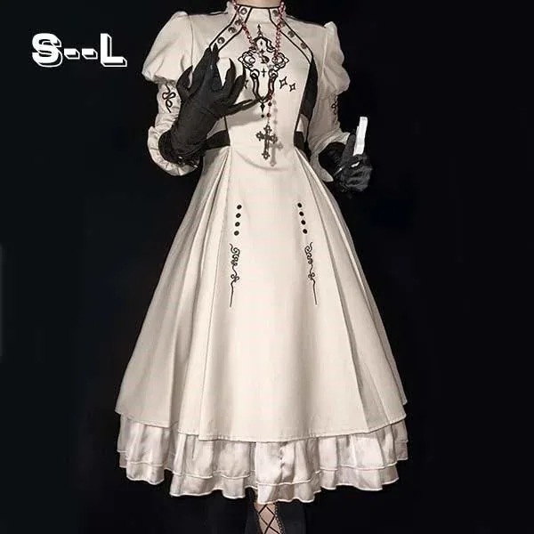 即納 ワンピース ロリータ レディース ゴスロリ ハイウエスト Aライン 暗黒風 ロリィタファッション 長袖 ロリータワンピース コスチューム コスプレ 衣装 洋服 仮装