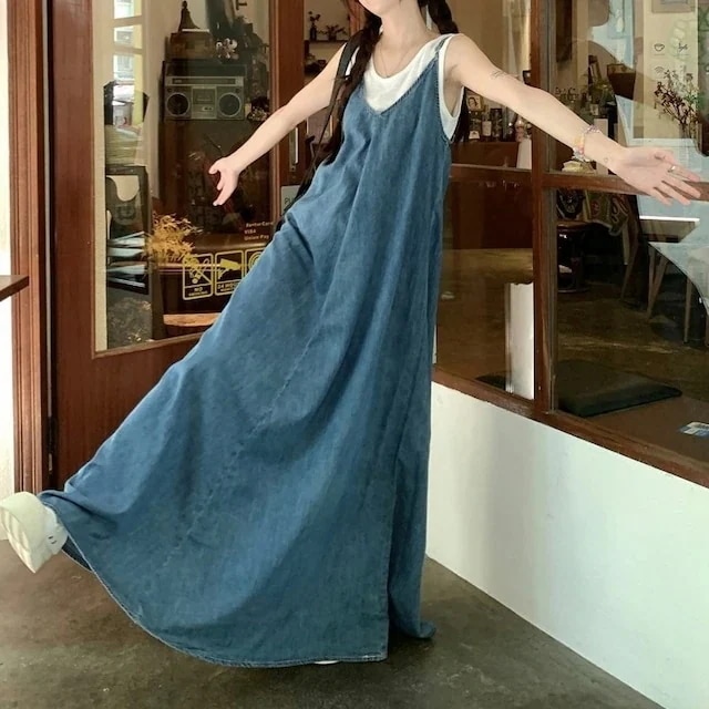 ヘビロテ！キャミワンピース ロング丈 デニム生地 ゆったり ノースリーブ キャミソール Aライン ハイウエスト かわいい カジュアル おしゃれ 夏 韓国ファッション レディース お出かけ