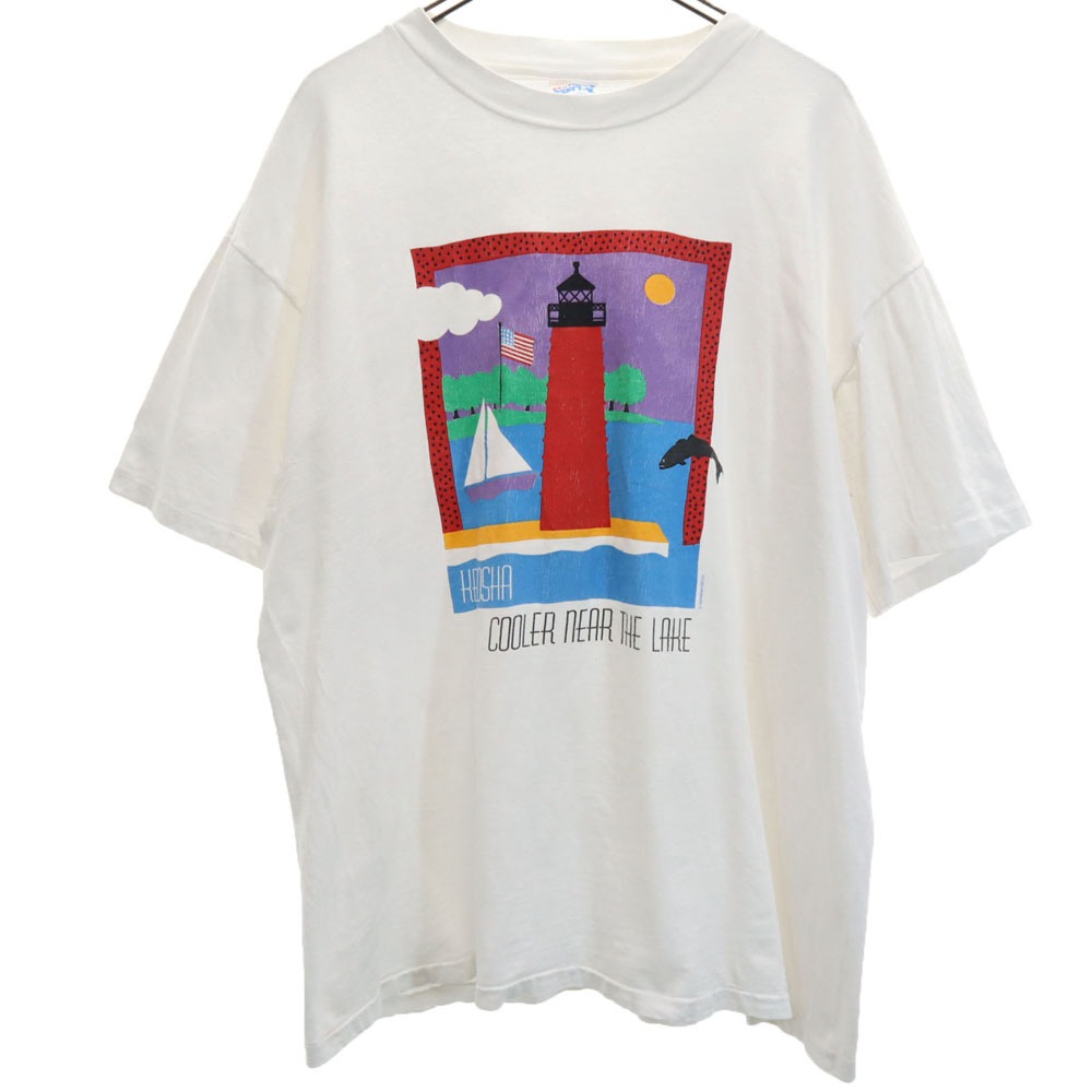 90s 灯台プリント 半袖 シングルステッチ Tシャツ XL ホワイト系 オールド ヴィンテージ メンズ