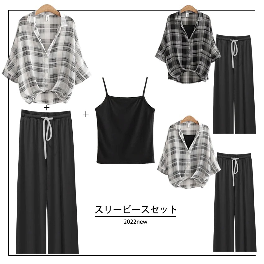 3点セット韓国ファッション上下セットアップ夏半袖シフォンワイシャツにワイドパンツレディースセット春秋仕事通勤OL女性オフィスカジュアル結婚式20代30代40代