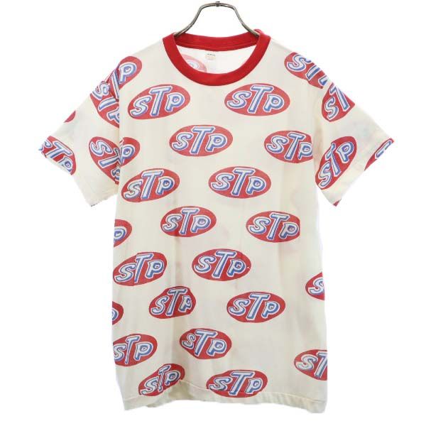 5050 70s USA製 デッドストック STP ロゴ 総柄 プリント 半袖 Tシャツ M オフホワイト メンズ