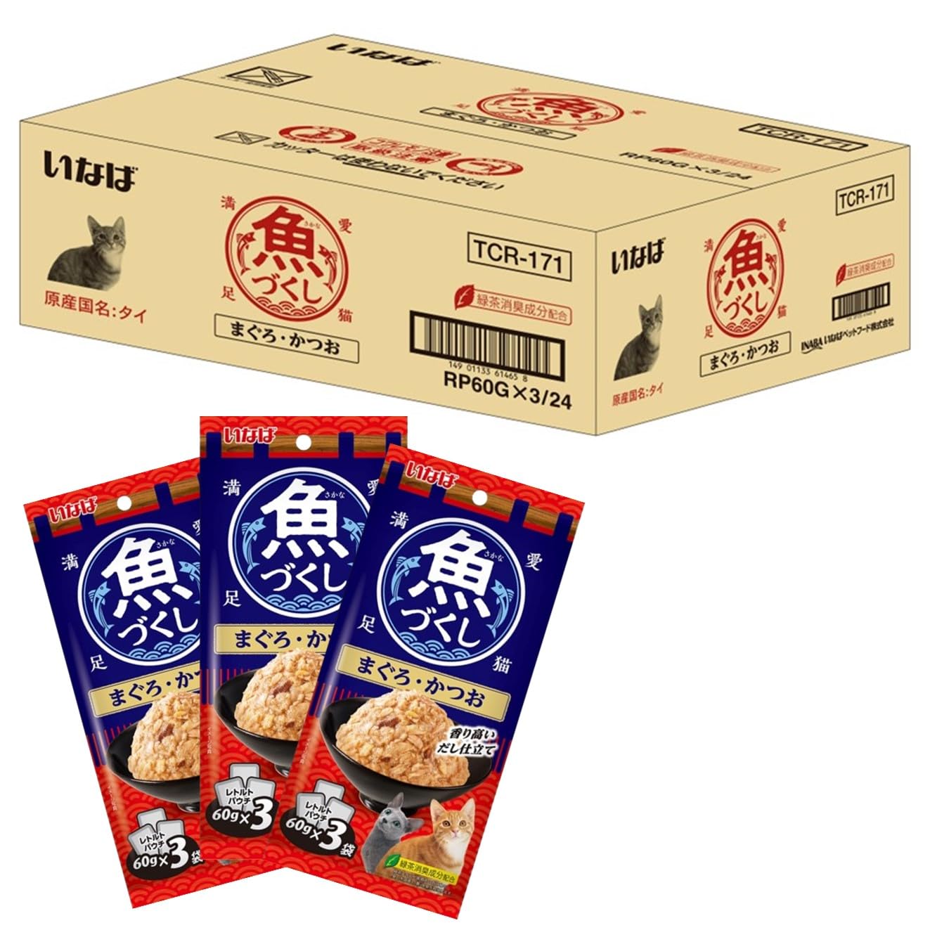 【全国送料無料】 いなば 魚づくし まぐろ・かつお 60g×3袋×24個 猫用 ウェットフード