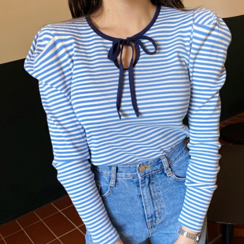 ロングTシャツ 襟リボン トップス Tシャツ カットソー プルオーバー トップス 袖あり 長袖 パフスリーブ ラウンドネック 襟なし リボン 綿 かわいい 大人可愛い きれいめ シンプル カジュアル
