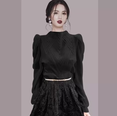 レディース シャツ ブラウス カットソー プルオーバー 長袖 ハイネック フェミニン シフォン ヴィンテージ かわいい 大人可愛い きれいめ シンプル 上品 おしゃれ かっこいい レトロ こなれ感