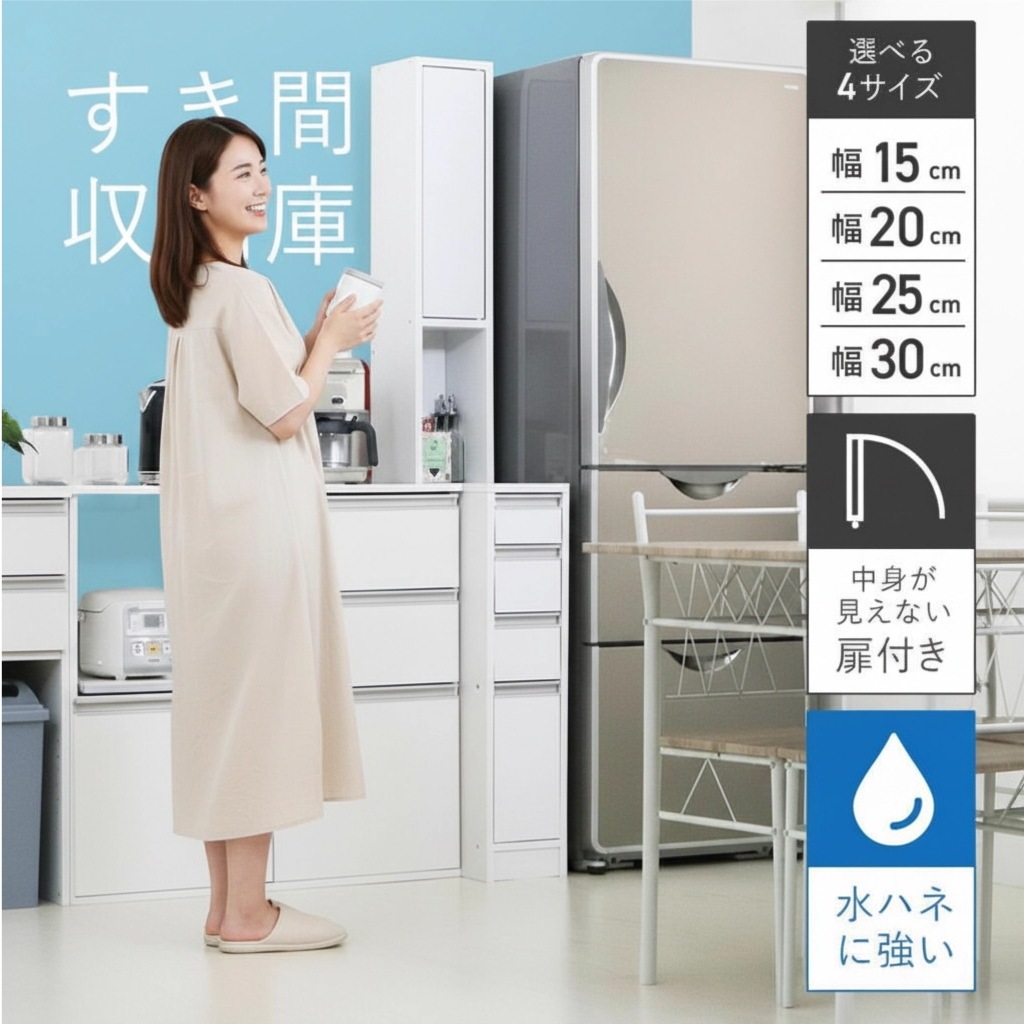 水ハネに強いキッチンすき間収納庫 幅15cm 20cm 25cm 30cm 奥行55cm 高さ180cm 隙間収納 キッチン 冷蔵庫横 省スペース シンク 延長 パントリー 引出し F-855~