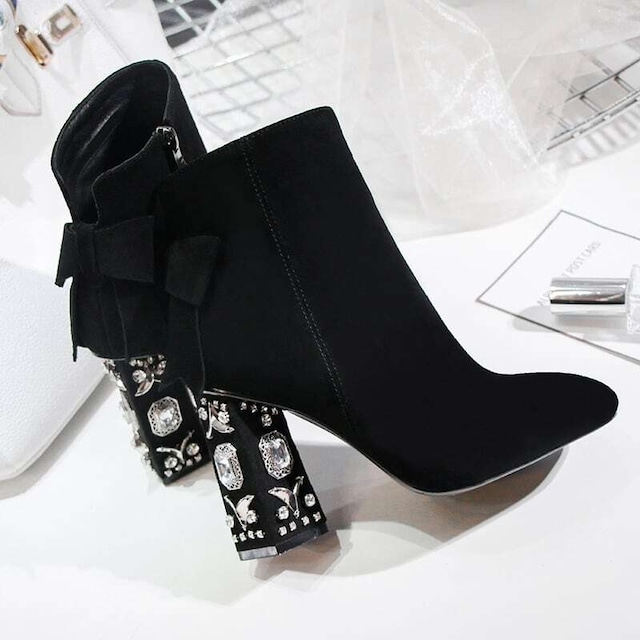 レディース ジュエリーヒール ショートブーツ リボン ブーツ 韓国系 お出かけ 高見え デート 旅行