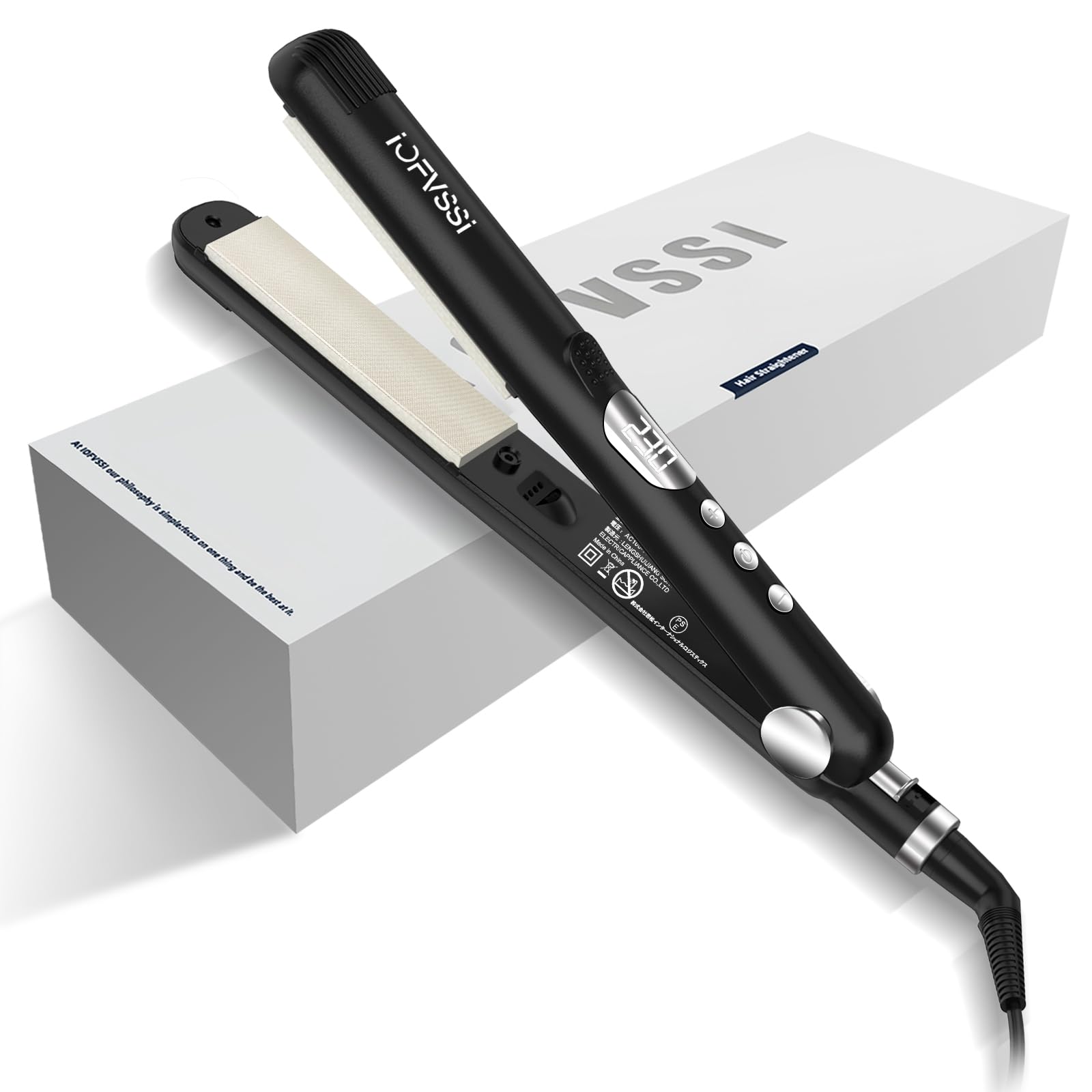 IOFVSSI ヘアアイロン ストレート＆カール 2way, 布製プレート, 28mm, イナスイオン, 耐熱ポーチ付き（ブラック）