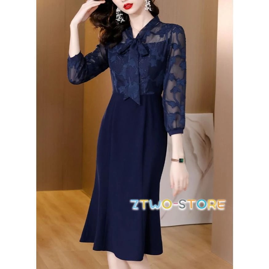 マーメイドワンピース パーティードレス 結婚式 お呼ばれドレス マーメイドドレス 袖あり シアー袖 ボウタイリボン 切り替えワンピース 大きいサイズ 3L 4L