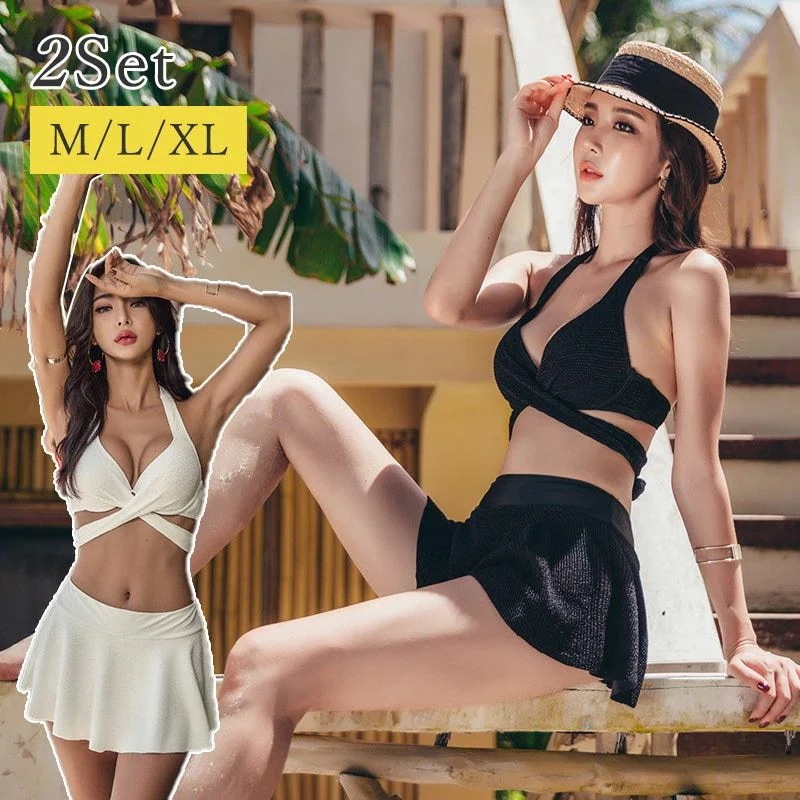 水着 盛れる ビキニ スカート セクシー レディース 温泉水着 クロスデザイン 2点セット 高品質 みずぎ パッド付き ワイヤー入り 小胸 谷間 ホルターネック 美バスト カシュクール スイムウエア