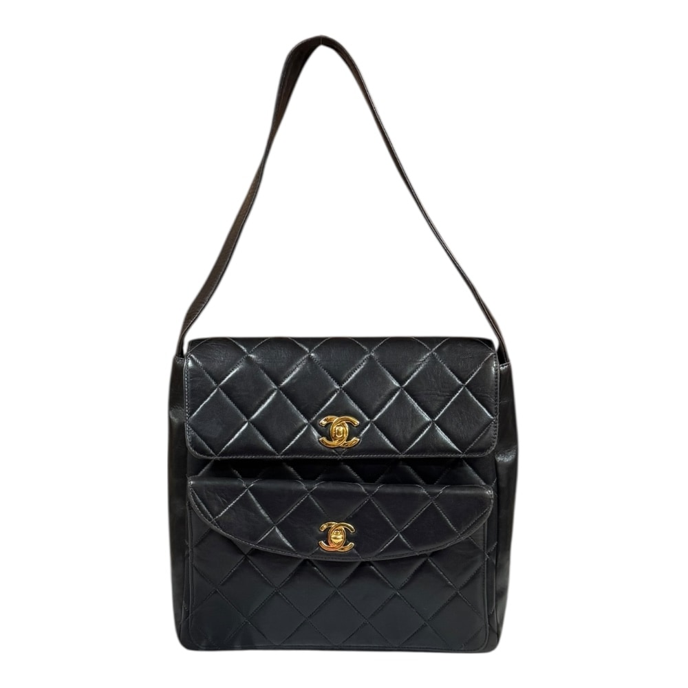 シャネル マトラッセ ショルダーバッグ ラムスキン ブラック CHANEL 中古