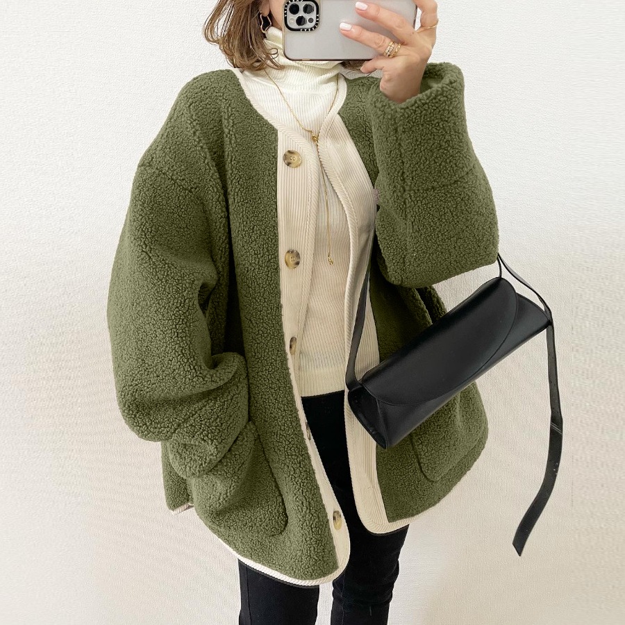 【品質のいい新品】 Vネック レトロ 秋冬 配色 シングルブレスト ラムウール ポケット付き 暖かい コート