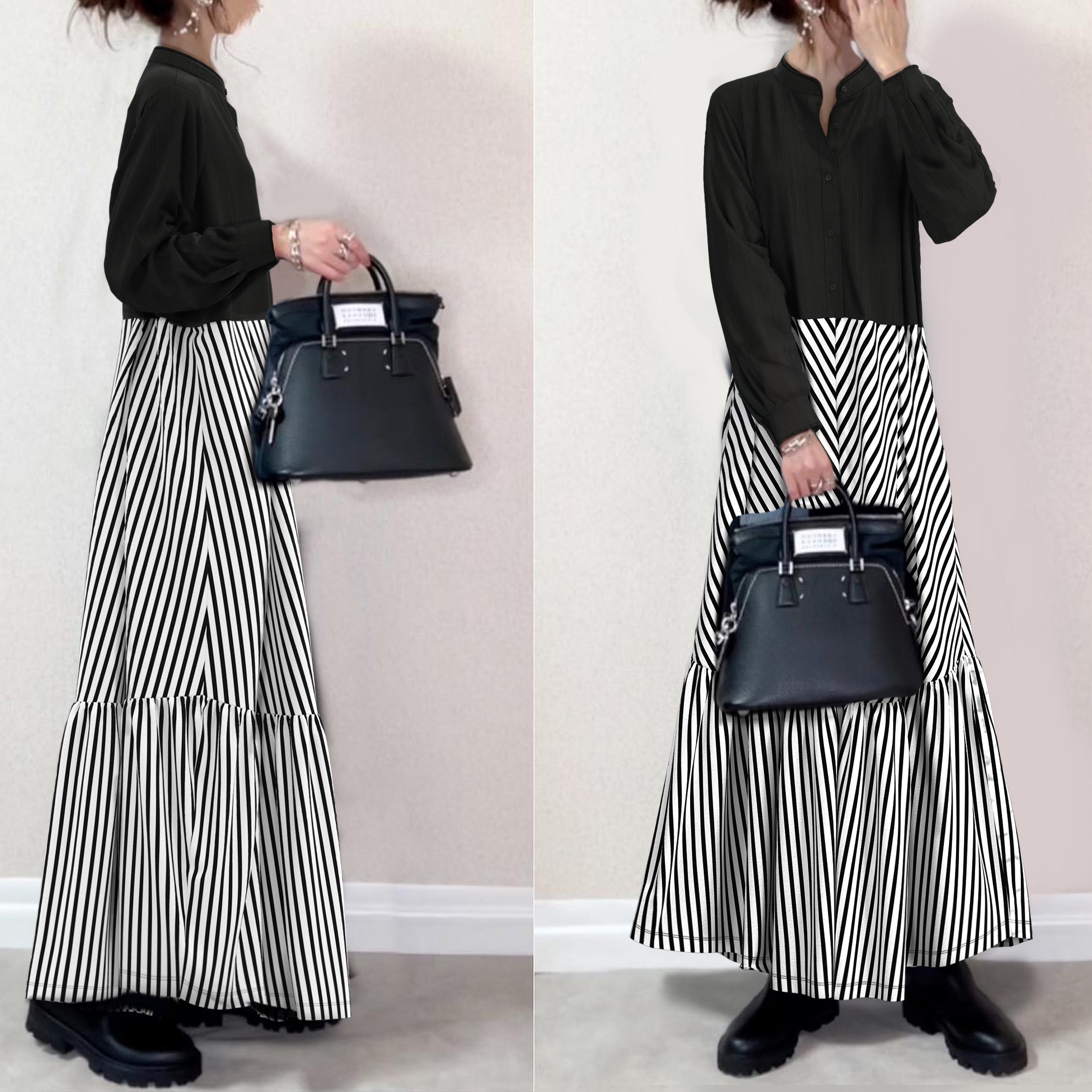 【楽天人気アイテム】 スタンドネックツイル織り切り替えランタンスリーブマキシワンピース