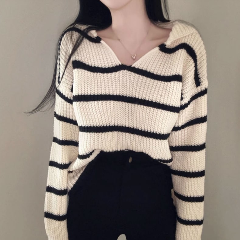 レディース トップス ニット セーター プルオーバー 長袖 Vネック セーラーカラー 伸縮性 かわいい 大人可愛い きれいめ シンプル カジュアル 上品 おしゃれ かっこいい レトロ こなれ感 ラフ