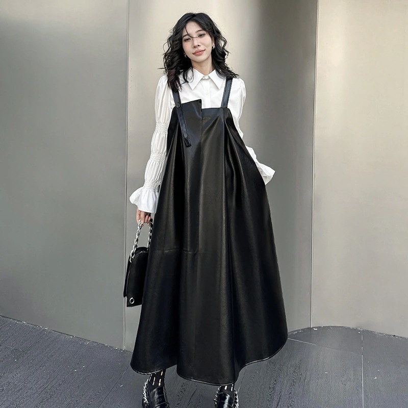 【J.Fashion】 PU レザー サロペットワンピース キラキラ 革 キャミワンピース メガ割30%までに制限