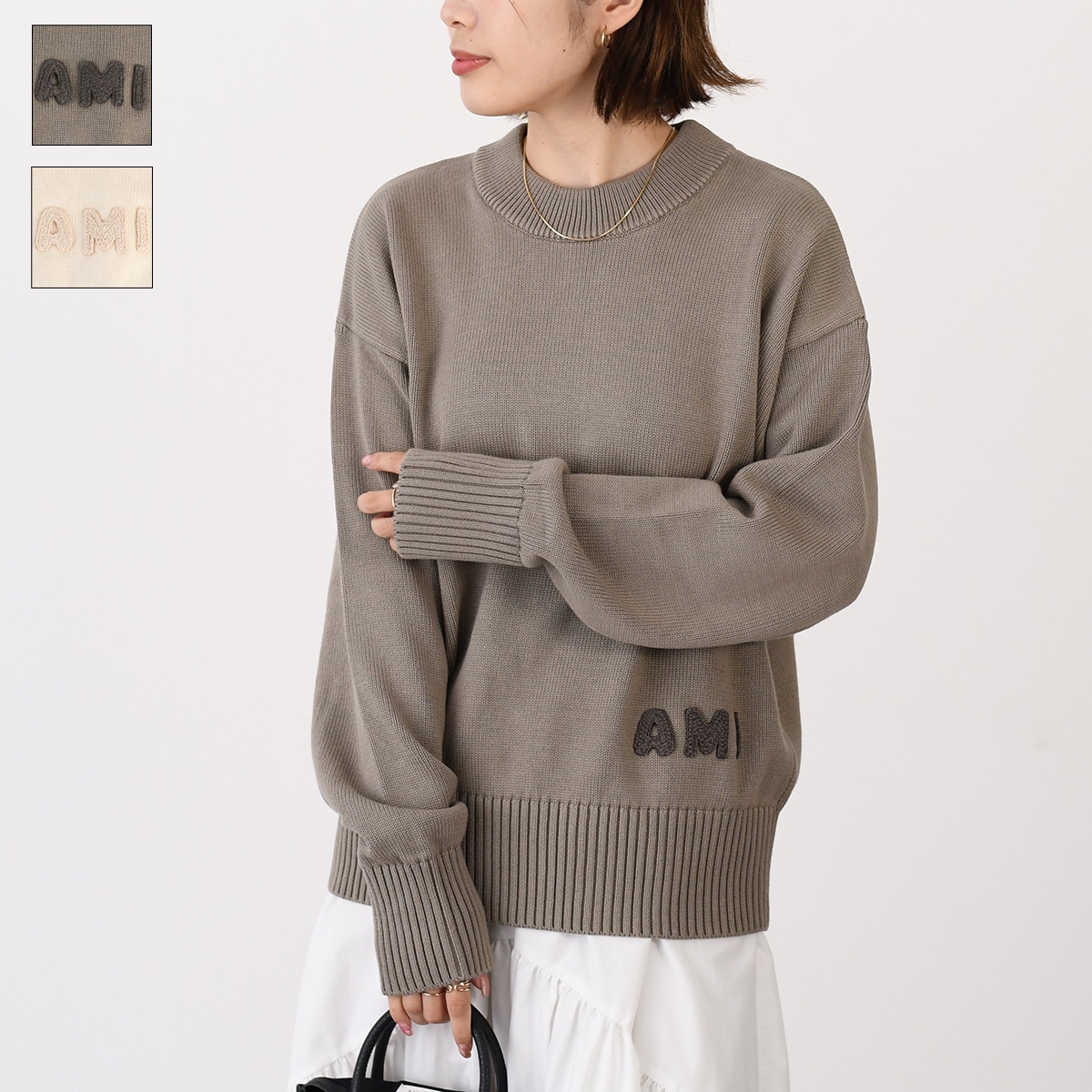 AMI ALEXANDRE MATTIUSSI アミパリス ニット セーター トップス Ami エンブロイダリー クルーネック HKS163 KN0063 レディース グレー オフホワイト 長袖