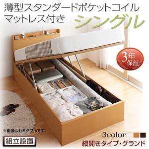 [組立設置料込み]国産 跳ね上げ収納ベッド [Freeda]フリーダ [薄型スタンダードポケットコイルマットレス付き] 縦開き シングル 深さグランド [フレーム色]ナチュラル