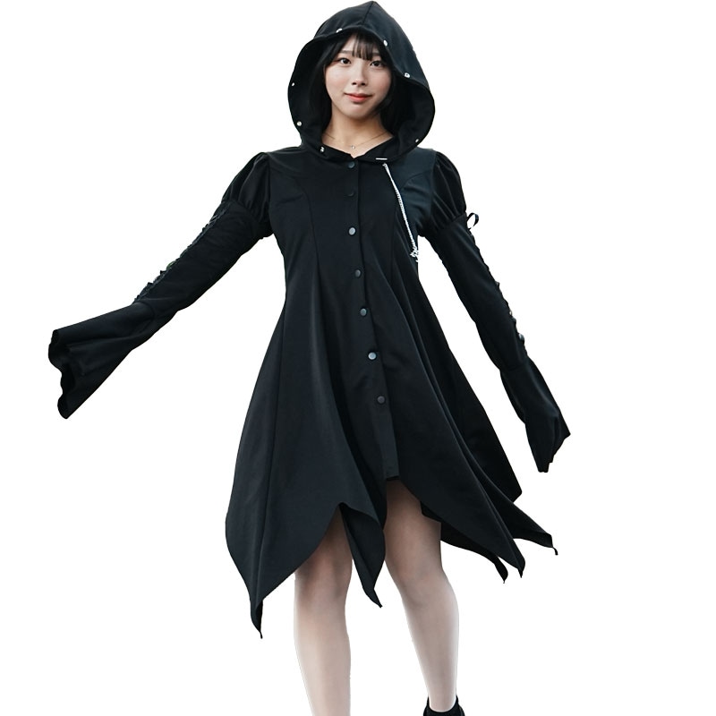 冥闇 魔女パーカー 長袖 ロング丈 原宿 原宿系 ファッション V系 ダーク パンク ロック クロス チェーン ドブラック pe-18847