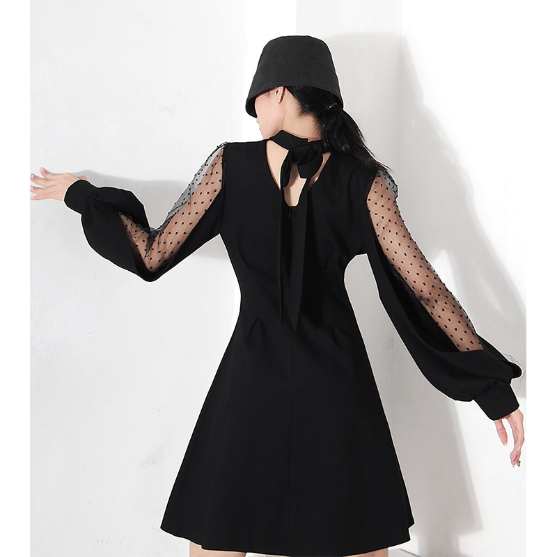 レディース ワンピース 長袖 ショート丈 膝上丈 シースルー ドット柄 無地 ブラック バックリボン