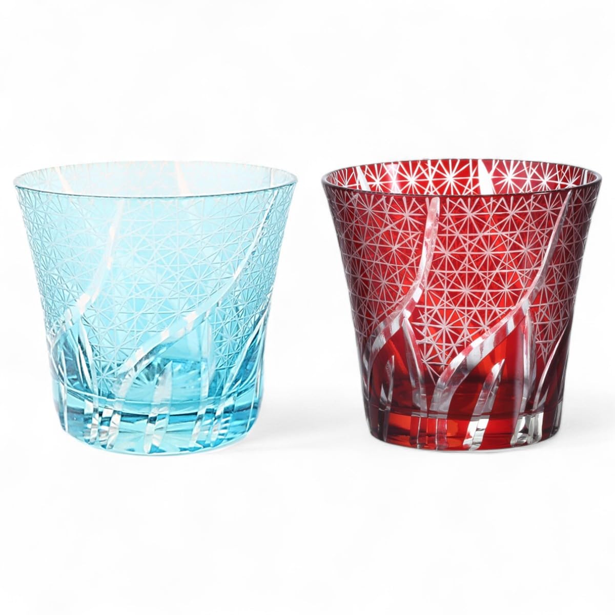J-kitchens 水影 切子 ペア グラス カップ Φ94xH85mm 240cc 乱彫小紋 アクア & レッド 底彫あり 美匠 Current Model 11,573円