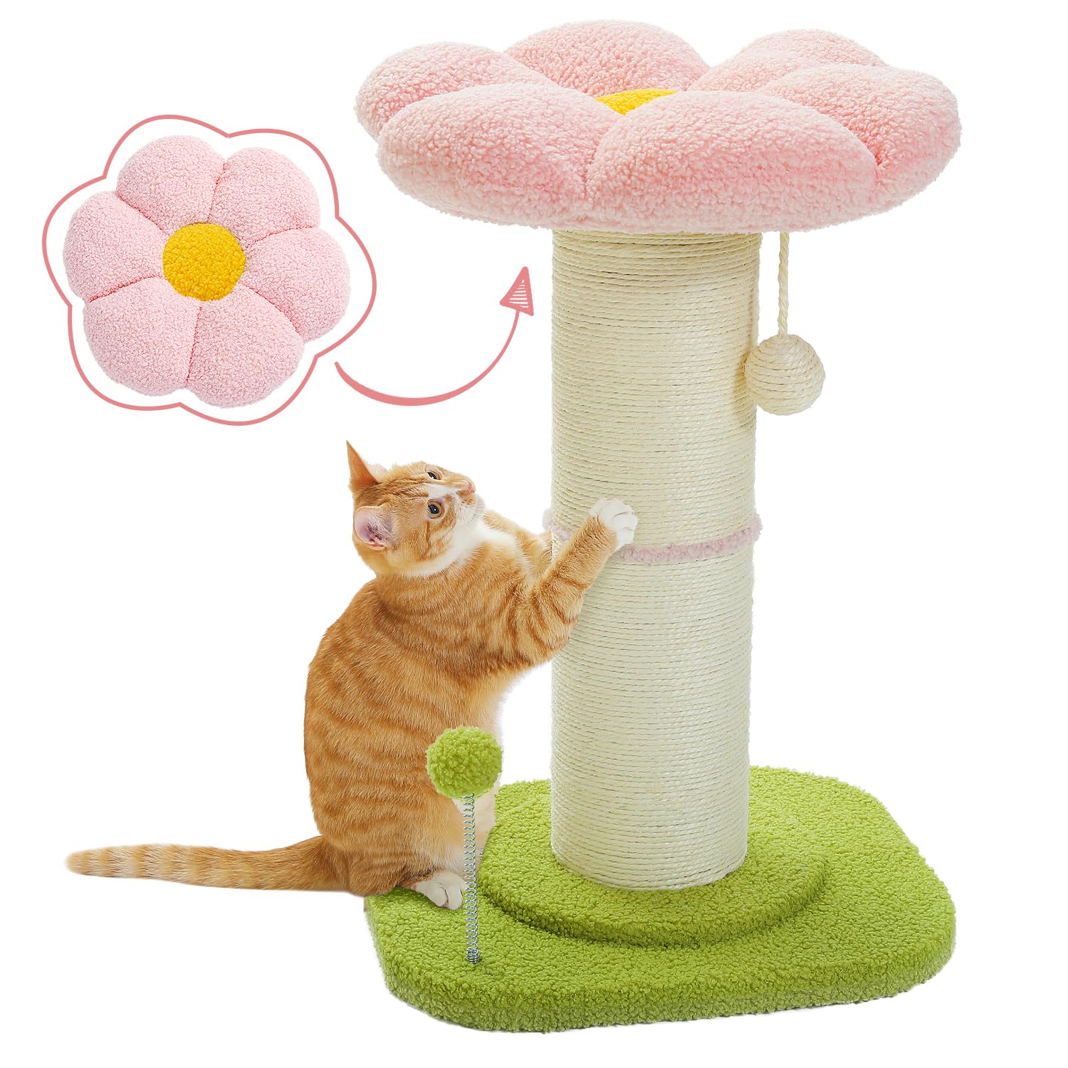 PAWZ Road 猫 爪研ぎ キャットタワーミニ 極太 柱直径14cm お花 猫タワー 低い コンパクト 省スペース 天然サイザル麻紐 バリバリ ガリガリ 据え置き 組立簡単 おもちゃ ポンポン 人
