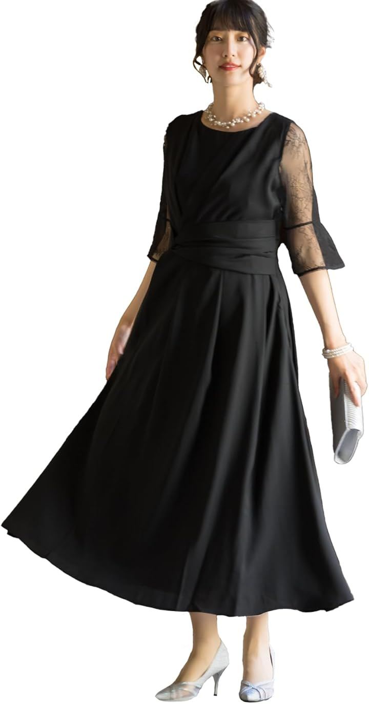 パーティ ワンピース ドレス レディース ウエスト モチーフ ベルト 結婚式およばれワンピース パーティードレス (ブラック / 77000034, S)