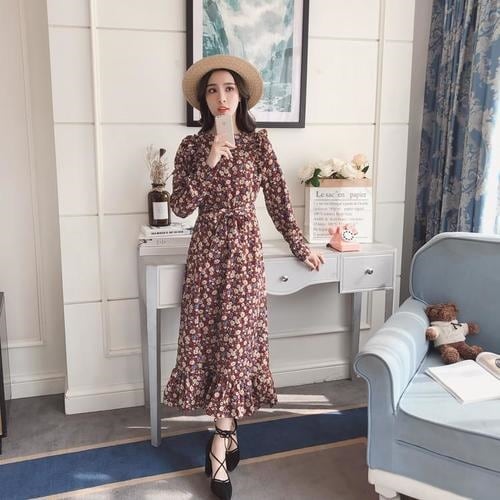 1276．レトロ花柄クルーネックワンピース（レッド）