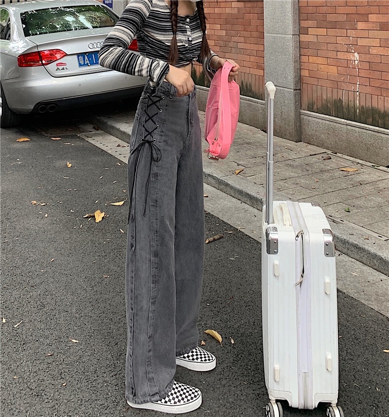 【送料無料】レディース デニム パンツ ワイド 編み上げ 楽ちんモテ フルレングス