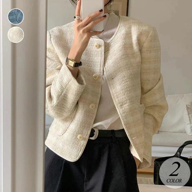 ショート丈 ジャケット レディース 秋 冬 シンプル アウター 羽織り ラウンドネック ノーカラー ノーカラージャケット 柄ジャケット カジュアル 上品 きれいめ フォーマル 韓国ファッション