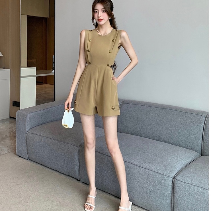 トレンド サロペット 韓国 オルチャン サイドオープン ウエスト カットアウト オールインワン ハイウエスト パンツ ショート丈 ショーパン ショート 袖なし ノースリーブ Iライン 大人可愛い