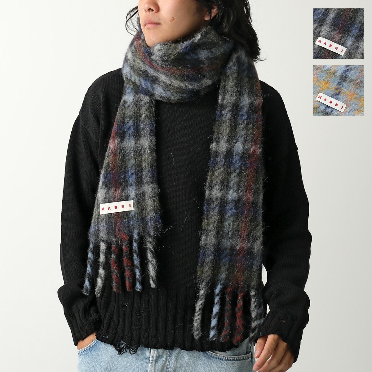 MARNI マルニ マフラー SCZC0077Y0 UAW050 メンズ チェック柄 ロゴ フリンジ ストール スカーフ モヘア アルパカ ウール カラー2色